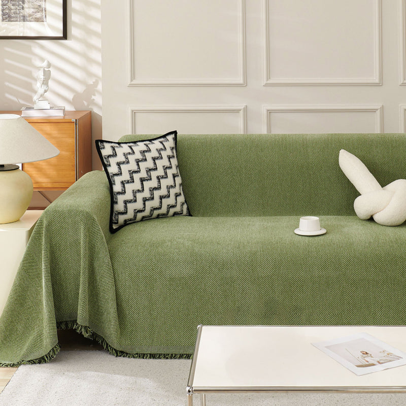 Sofaüberwurf mit Fischgrätmuster und Fransen für Sofa und Bett