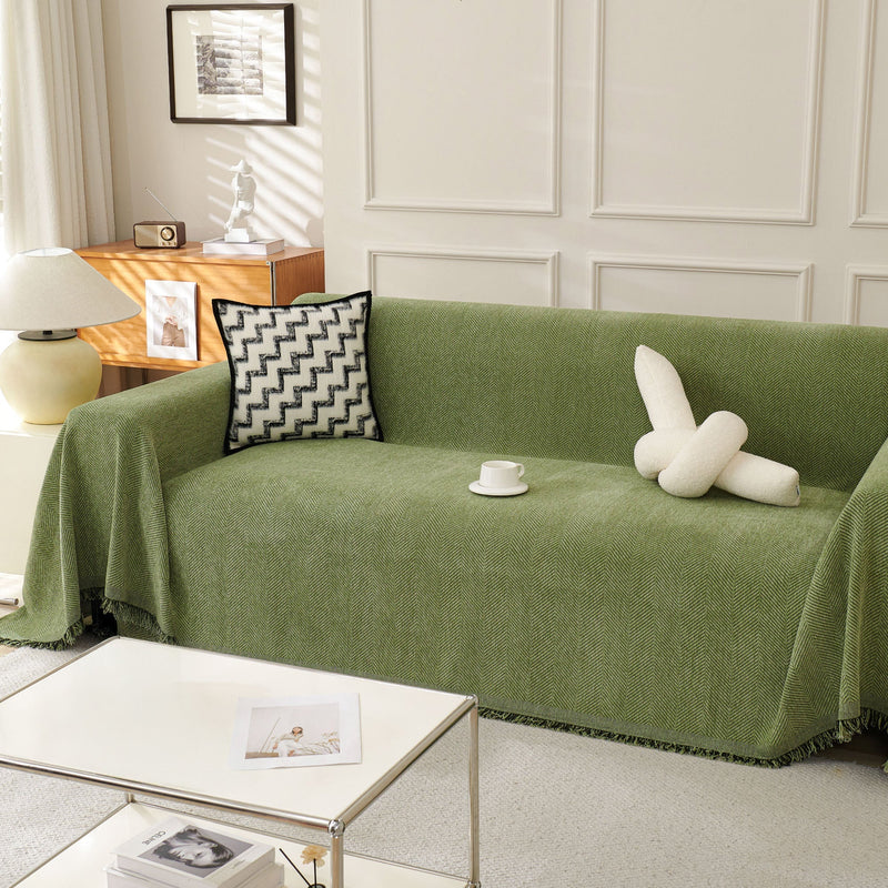 Sofaüberwurf mit Fischgrätmuster und Fransen für Sofa und Bett
