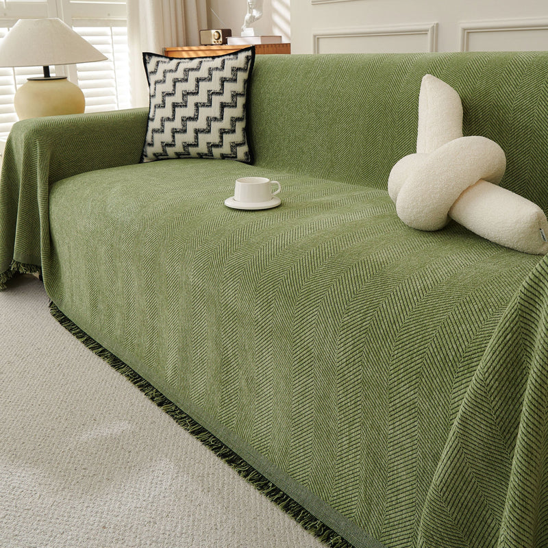 Sofaüberwurf mit Fischgrätmuster und Fransen für Sofa und Bett