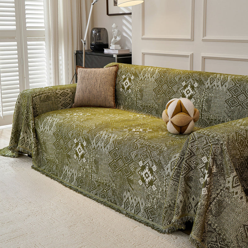 Sofaüberwurf mit Geometrischem Webmuster und Fransen im Boho-Stil