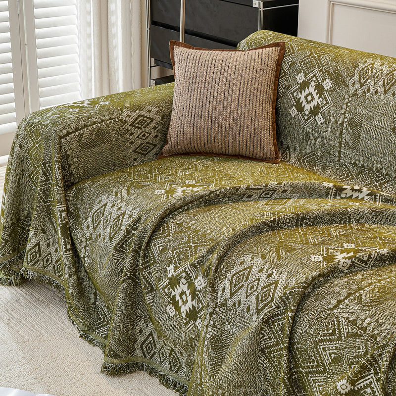 Sofaüberwurf mit Geometrischem Webmuster und Fransen im Boho-Stil