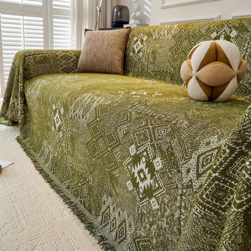 Sofaüberwurf mit Geometrischem Webmuster und Fransen im Boho-Stil