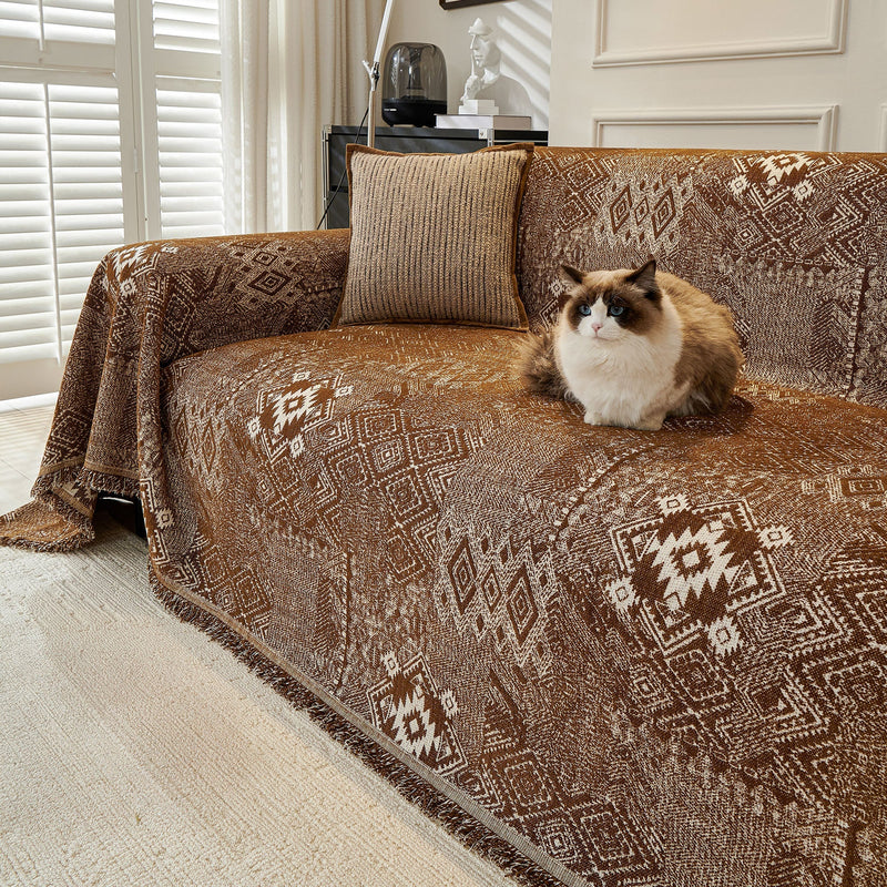 Sofaüberwurf mit Geometrischem Webmuster und Fransen im Boho-Stil