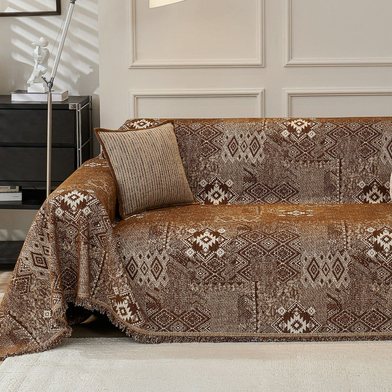Sofaüberwurf mit Geometrischem Webmuster und Fransen im Boho-Stil