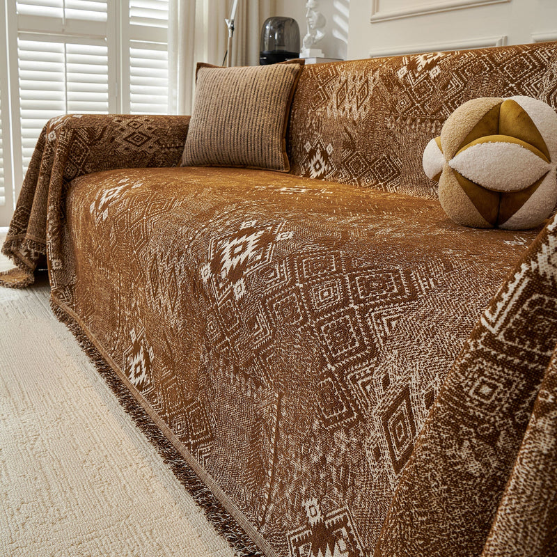 Sofaüberwurf mit Geometrischem Webmuster und Fransen im Boho-Stil
