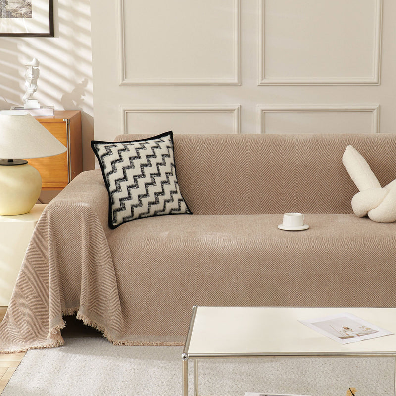Sofaüberwurf mit Fischgrätmuster und Fransen für Sofa und Bett