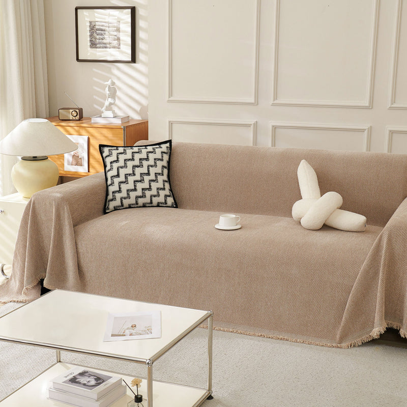 Sofaüberwurf mit Fischgrätmuster und Fransen für Sofa und Bett