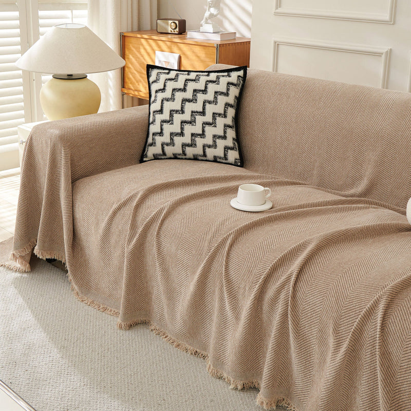 Sofaüberwurf mit Fischgrätmuster und Fransen für Sofa und Bett