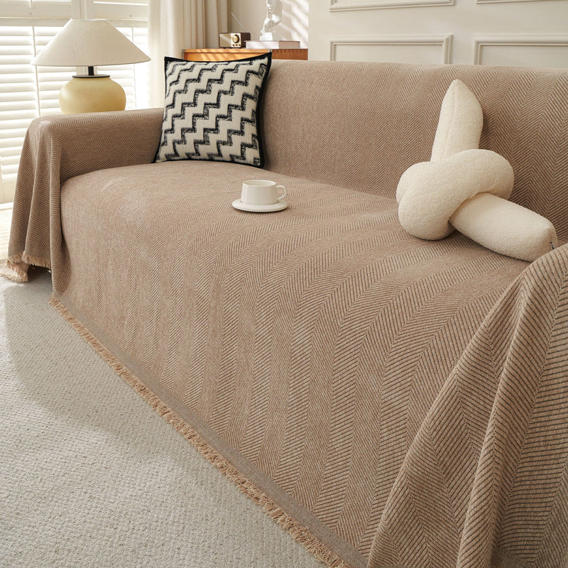 Sofaüberwurf mit Fischgrätmuster und Fransen für Sofa und Bett
