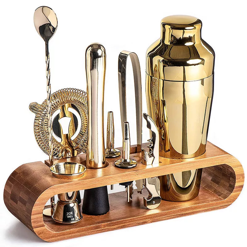 Cocktail-Set aus Edelstahl mit Bambusständer