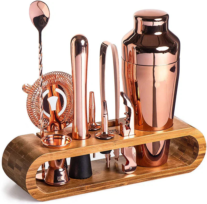 Cocktail-Set aus Edelstahl mit Bambusständer