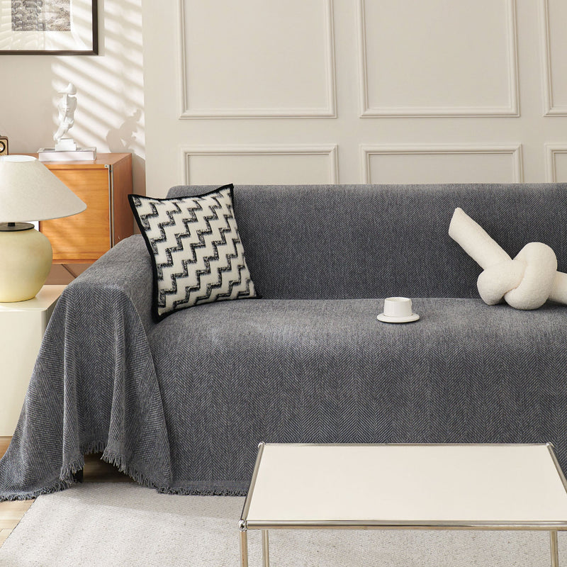 Sofaüberwurf mit Fischgrätmuster und Fransen für Sofa und Bett