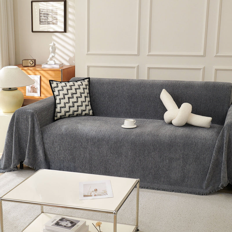 Sofaüberwurf mit Fischgrätmuster und Fransen für Sofa und Bett