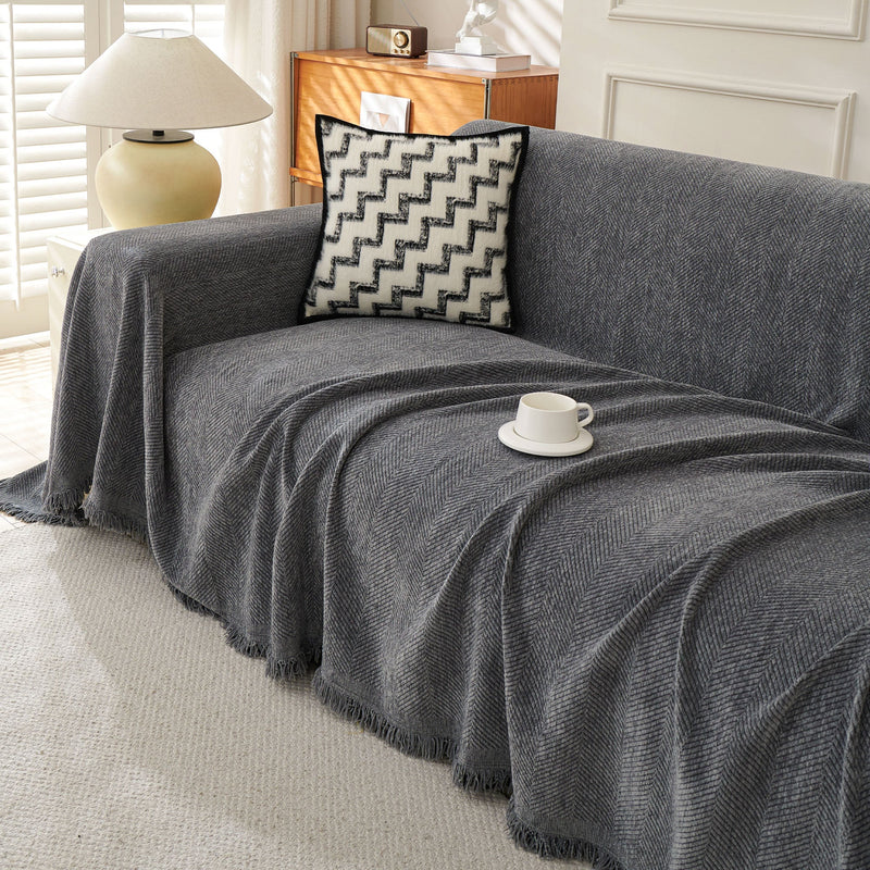 Sofaüberwurf mit Fischgrätmuster und Fransen für Sofa und Bett