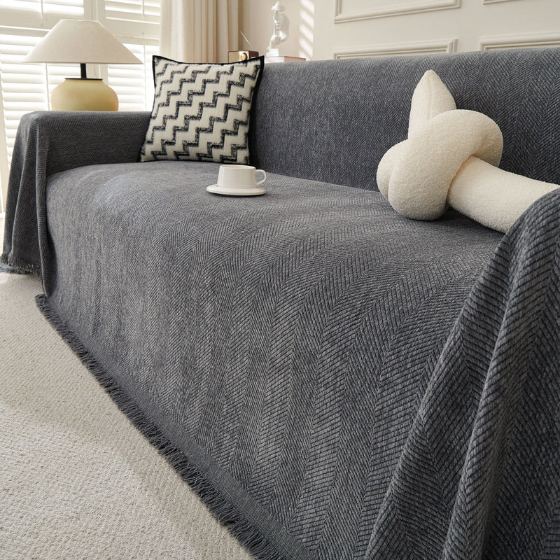 Sofaüberwurf mit Fischgrätmuster und Fransen für Sofa und Bett