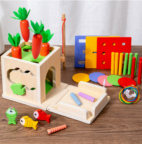 Holz-Aktivitätsbox mit Acht Lernspielen für Kleinkinder