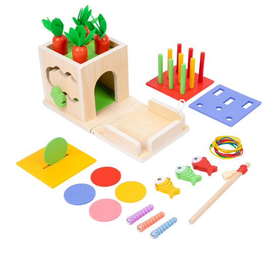 Holz-Aktivitätsbox mit Acht Lernspielen für Kleinkinder
