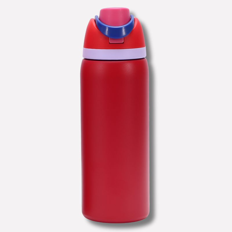 Isolierte Trinkflasche mit integriertem Strohhalm